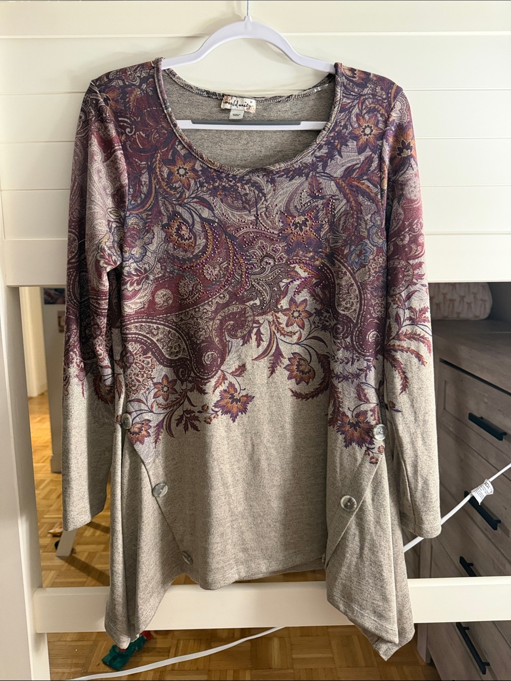 Women’s Boho Paisley Long Sleeve Tunic Top - Neutral with Burgundy